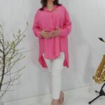 Koszula z wiskozy z aplikacją LA różowa Plus Size