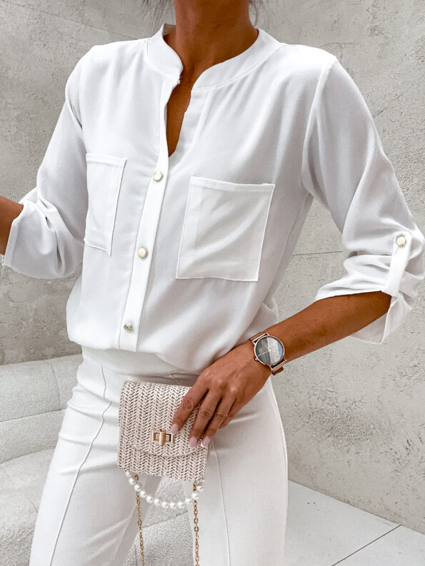 Elegancka bluzka koszulowa ze stójką Moon biała Elegancka bluzka koszulowa ze stójką Moon biała